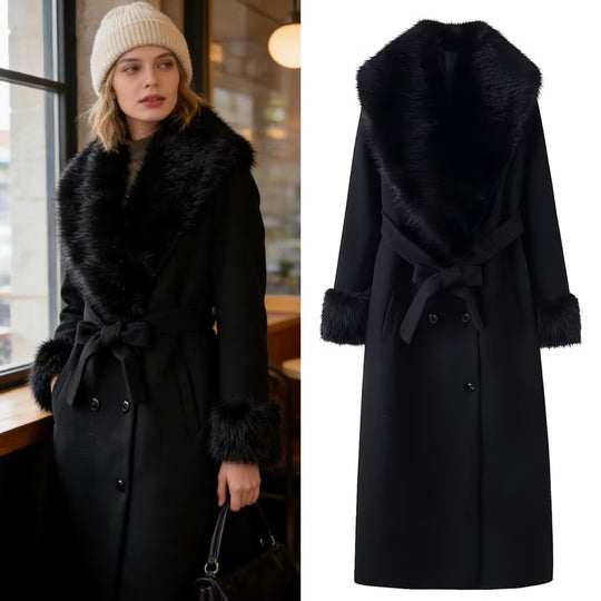 Damen Langer eleganter Wollmix-Mantel mit breitem Kunstfellkragen, Bindegürtel und Fellmanschetten Shop Nory