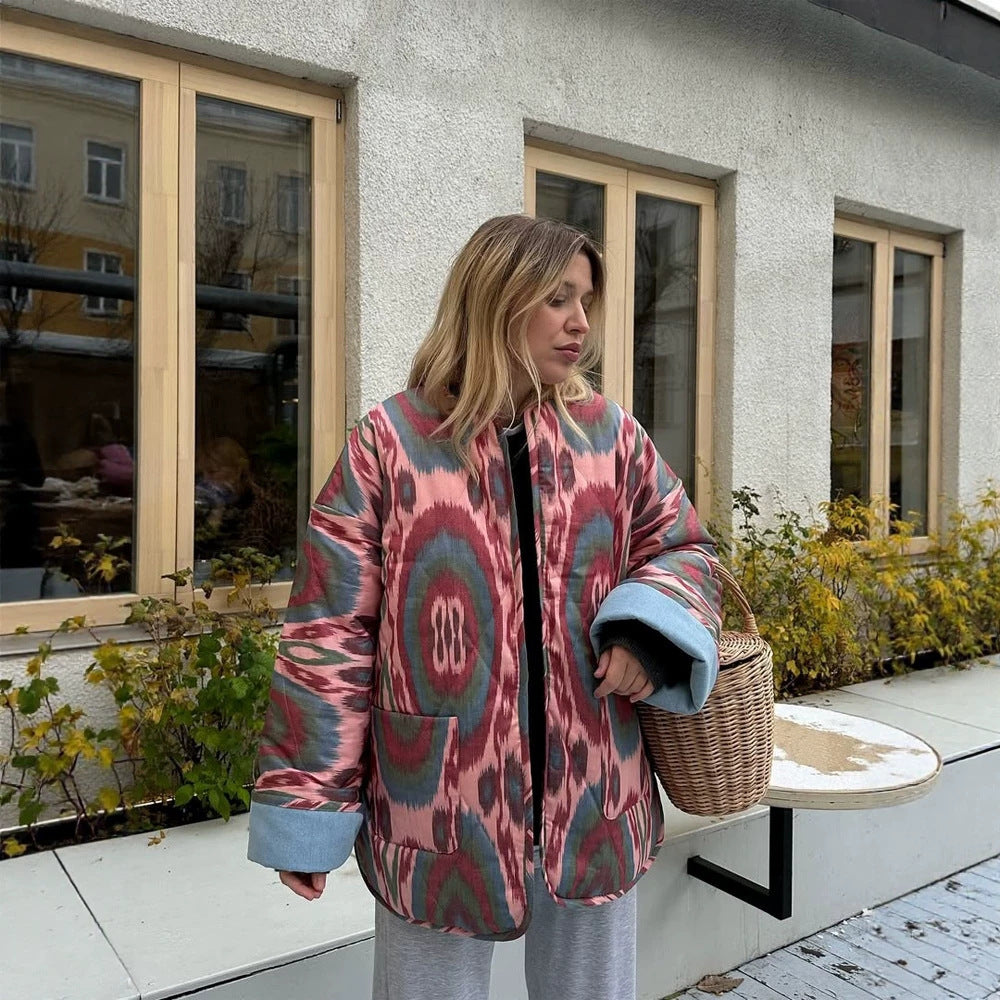 Damen Stepp-Kimonojacke mit Ikat-Print, Oversize‑Schnitt und kontrastierenden Bündchen Shop Nory