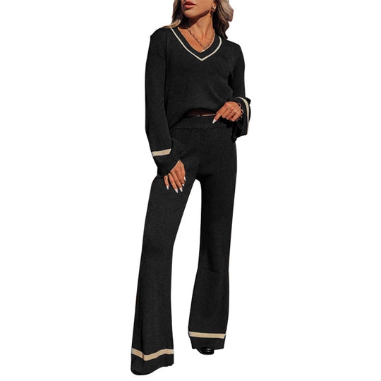 Damen Strick-Relax-Set mit V-Ausschnitt und weitem Palazzo-Hosenbein, kontrastierten Bündchen Shop Nory