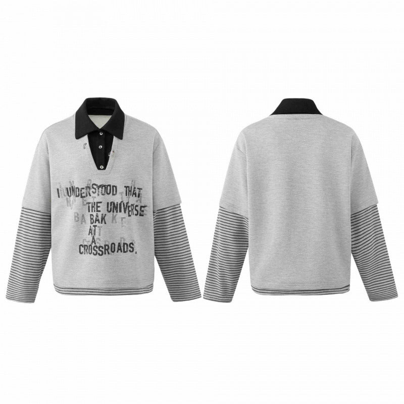 Unisex Oversize-Sweatshirt mit Layering-Polokragen, gestreiften Ärmeln und Statement-Print Shop Nory