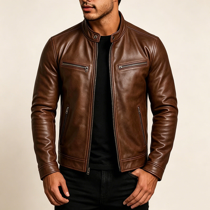 Herren Schmal geschnittene Biker-Lederjacke aus Nappaleder mit Stehkragen und Reißverschluss Shop Nory