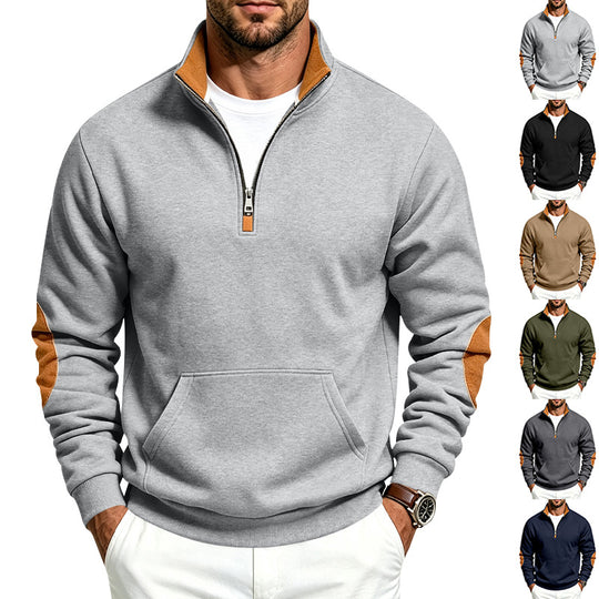 Herren Sweatshirt mit halbem Reißverschluss, Stehkragen und Ellenbogen-Patches Shop Nory