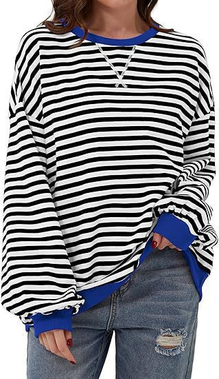 Damen Lässiges Oversize-Streifen-Sweatshirt mit Raglanärmeln und Kontrastbündchen Shop Nory
