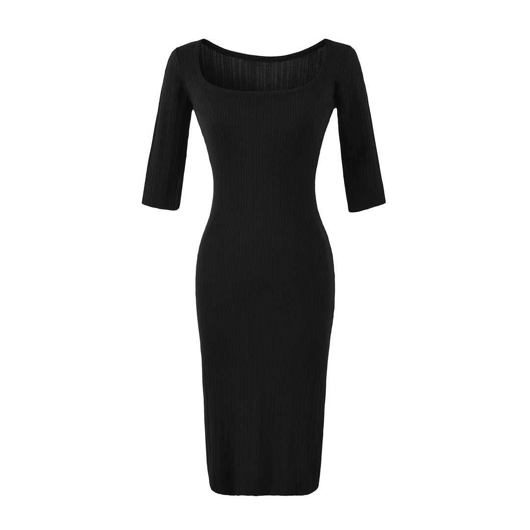 Damen Geripptes Midikleid mit quadratischem Ausschnitt und dreiviertelärmeln Shop Nory