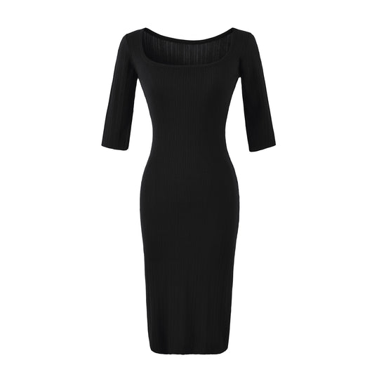 Damen Geripptes Midikleid mit quadratischem Ausschnitt und dreiviertelärmeln Shop Nory