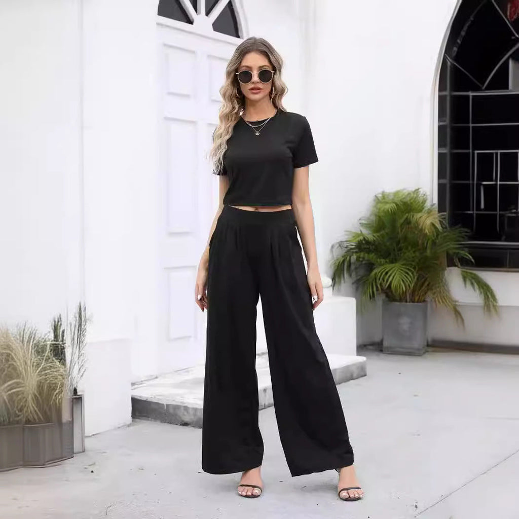 Damen Lässiges Zweiteiler-Set mit kürzem T-Shirt und weiten Pants