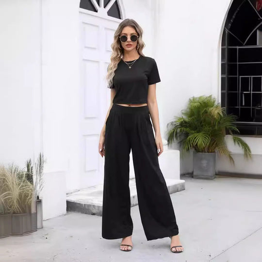 Damen Lässiges Zweiteiler-Set mit kürzem T-Shirt und weiten Pants