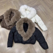 Damen nan kurze gesteppte Cropped-Pufferjacke mit voluminösem Kunstpelzkragen Shop Nory