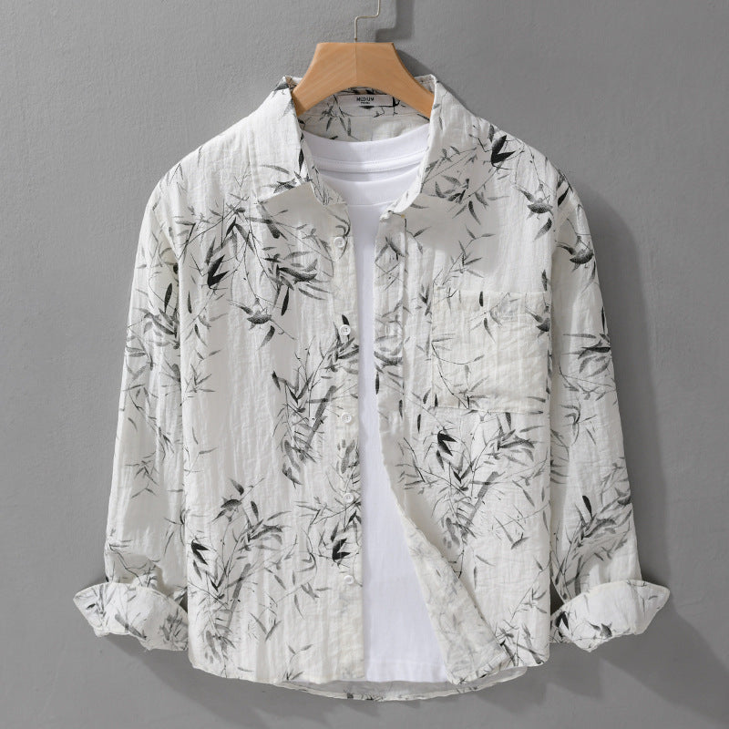 Herren Atmungsaktives Leinen-Baumwoll Hemd mit botanischem Tuschprint und Kentkragen Shop Nory