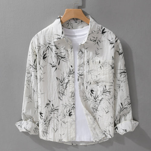 Herren Atmungsaktives Leinen-Baumwoll Hemd mit botanischem Tuschprint und Kentkragen Shop Nory