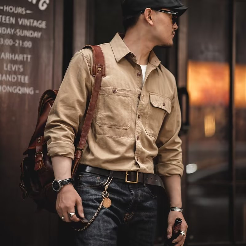 Herren Baumwoll‑Twill‑Worker‑Hemd mit Pattentaschen und kastiger Passform Shop Nory