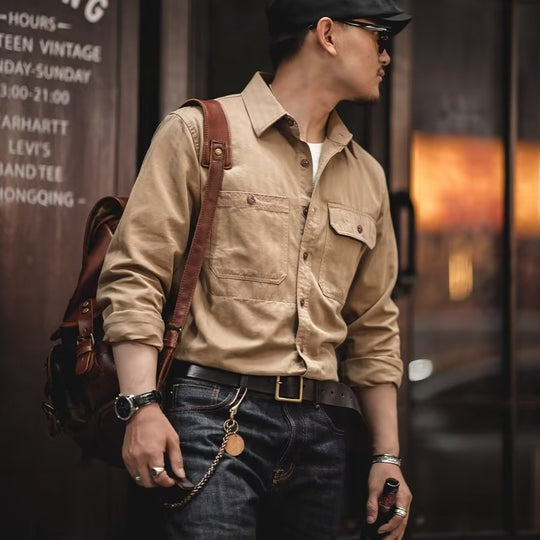 Herren Baumwoll‑Twill‑Worker‑Hemd mit Pattentaschen und kastiger Passform Shop Nory