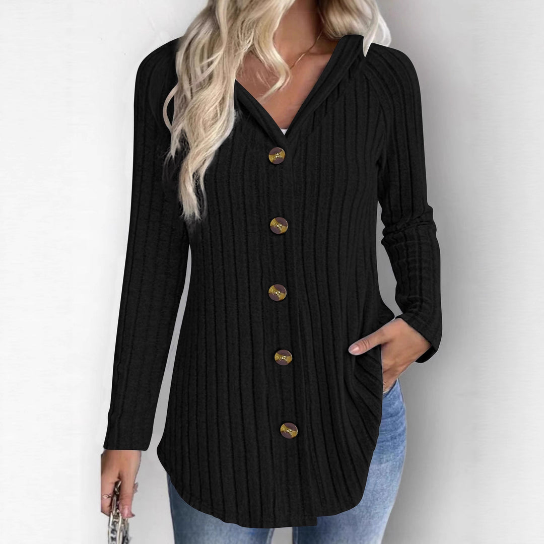 Damen Gerippte Kapuzen-Cardigan-Bluse mit Holzknopfleiste und gerafften Ärmeln Shop Nory