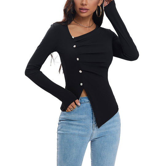 Damen asymmetrisches geripptes Longsleeve mit Diagonalknopfleiste und spitzem Saum Shop Nory