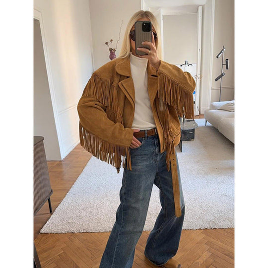 Damen Wildlederjacke mit Fransen und großzügigen Ärmeln
