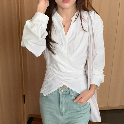 Damen Wickelbluse mit geraffter Taille und Ballonärmeln Shop Nory