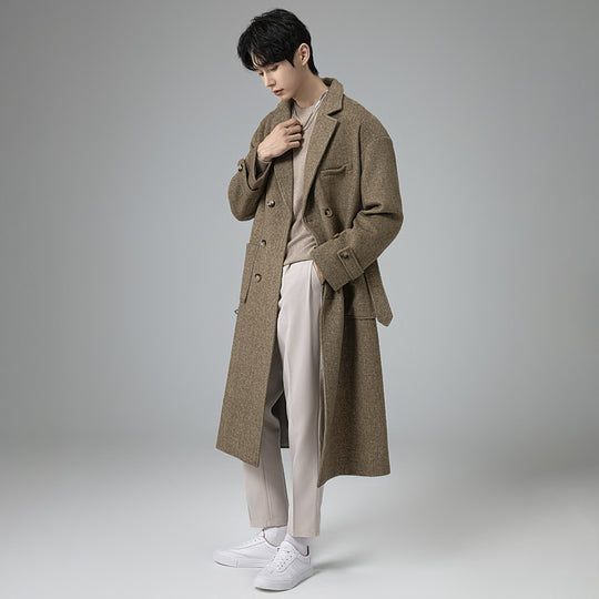 Herren Maxilanger Wollmix-Mantel im Tweed-Look mit Oversize-Schnitt, Doppelreihe und Bindegürtel Shop Nory