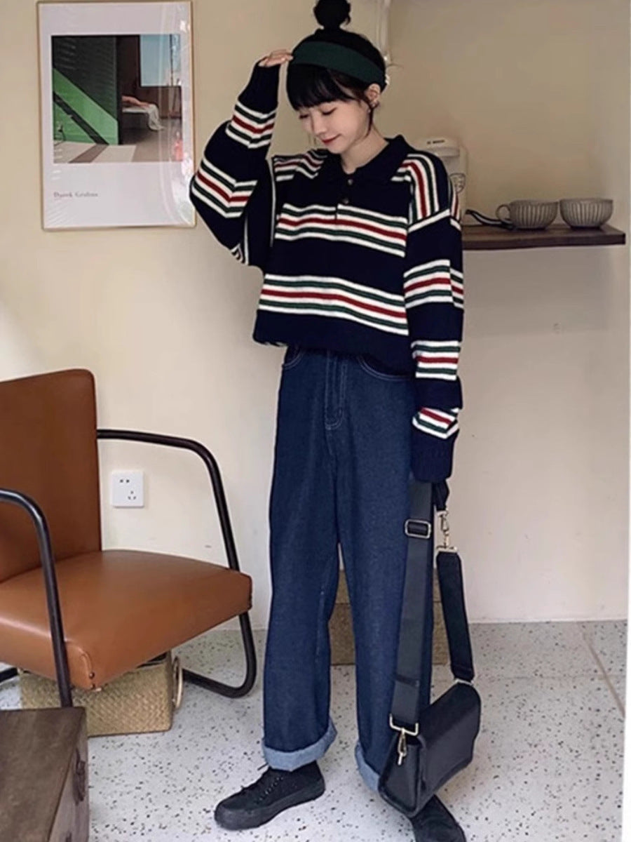 Damen Oversize Polokragen-Strickpullover mit maritimen Blockstreifen und kastiger Cropped-Silhouette Shop Nory