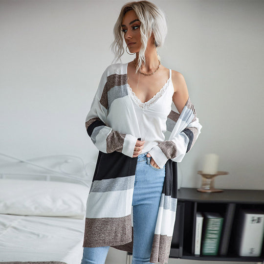 Damen Langer Offener Strickcardigan mit Blockstreifen, Leichtem Fall und Eingrifftaschen Shop Nory