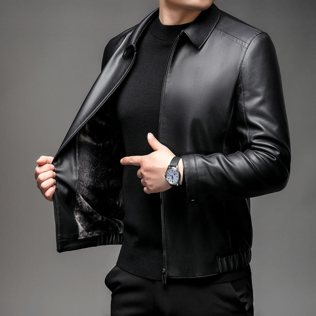 Herren Glatte Kunstlederjacke mit wärmendem Kunstfellfutter, Hemdkragen und elastischem Saum Shop Nory