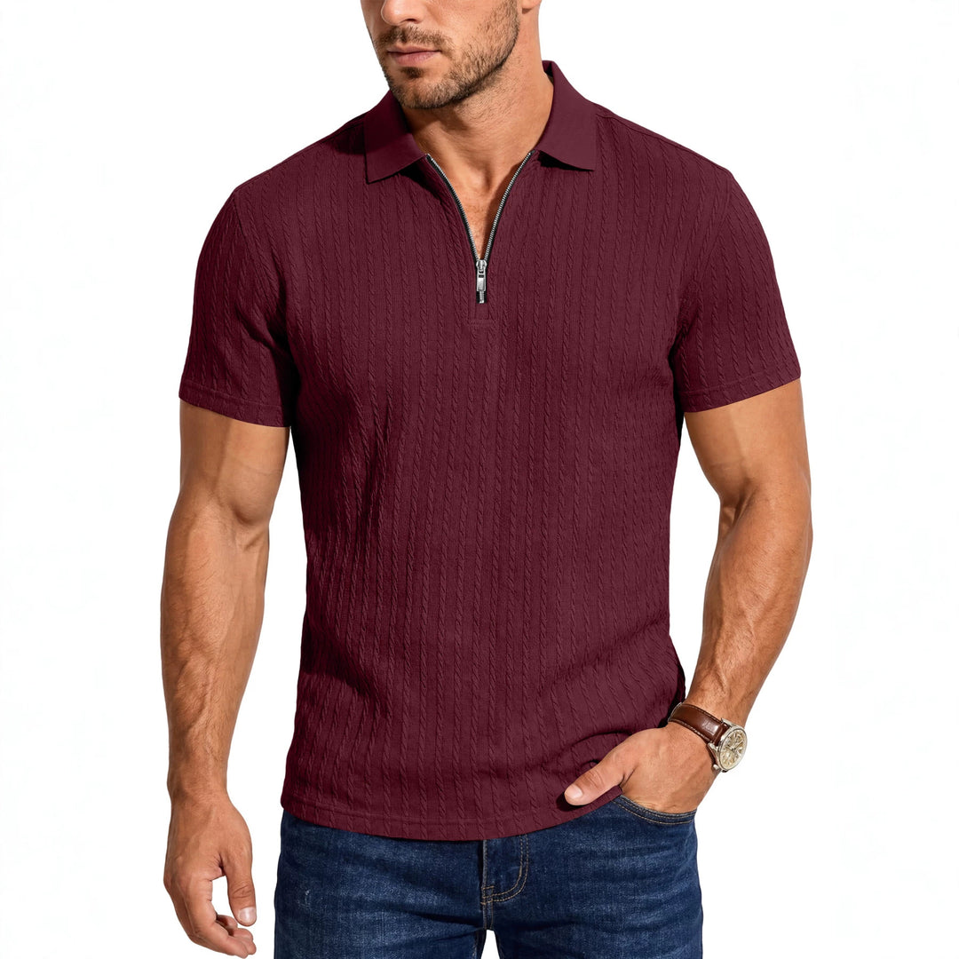 Herren Kurzarm-Strickpoloshirt mit Reißverschluss und Zopfstrickstruktur Shop Nory