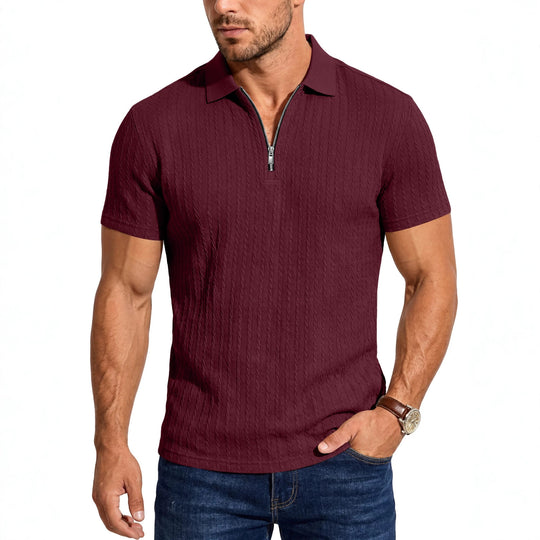 Herren Kurzarm-Strickpoloshirt mit Reißverschluss und Zopfstrickstruktur Shop Nory