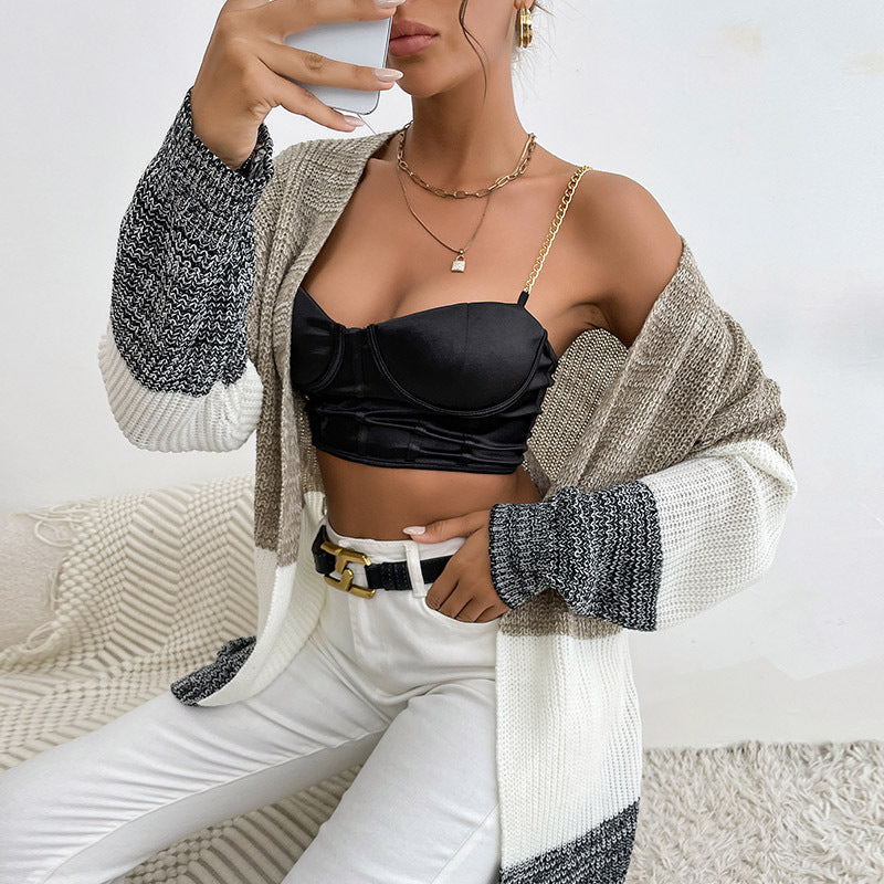 Damen Oversize Strick-Cardigan mit Colorblock-Maschenbild und offener Front Shop Nory