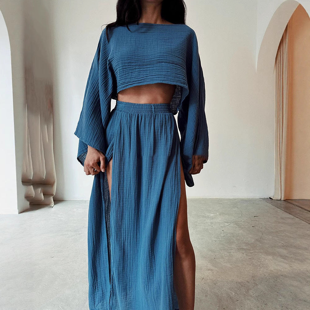 Damen luftiges Set aus cropped Oberteil und hoch geschnittenem Rock