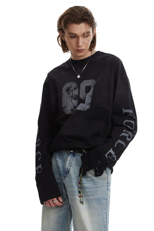 Herren Oversize-Longsleeve-Sweatshirt mit Print, verlängerten Manschetten und Used-Details Shop Nory