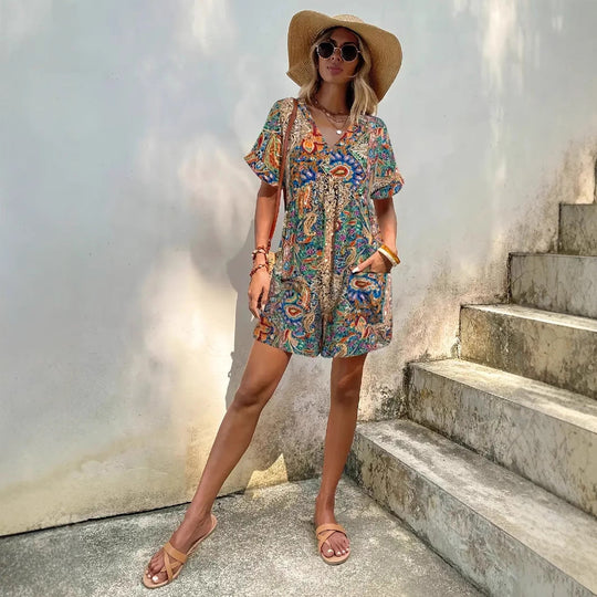 Damen lässiger Jumpsuit mit V-Ausschnitt und wickelbarem Design