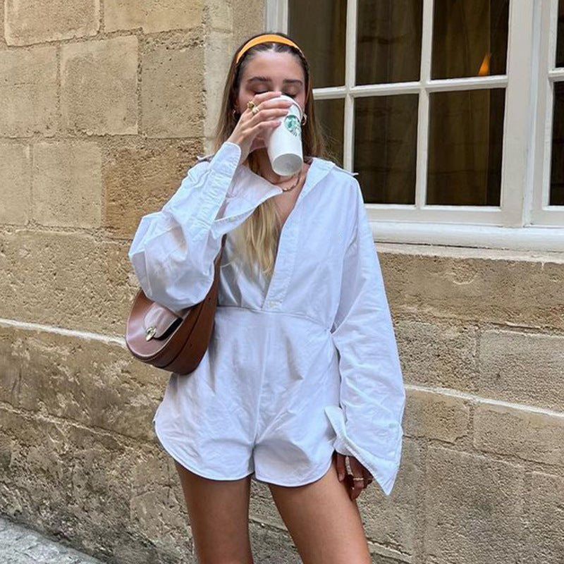 Damen nan taillierter Hemd‑Romper mit Langarm, verdeckter Knopfleiste und figurformender Taille Shop Nory