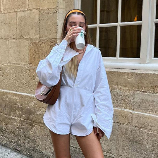 Damen nan taillierter Hemd‑Romper mit Langarm, verdeckter Knopfleiste und figurformender Taille Shop Nory