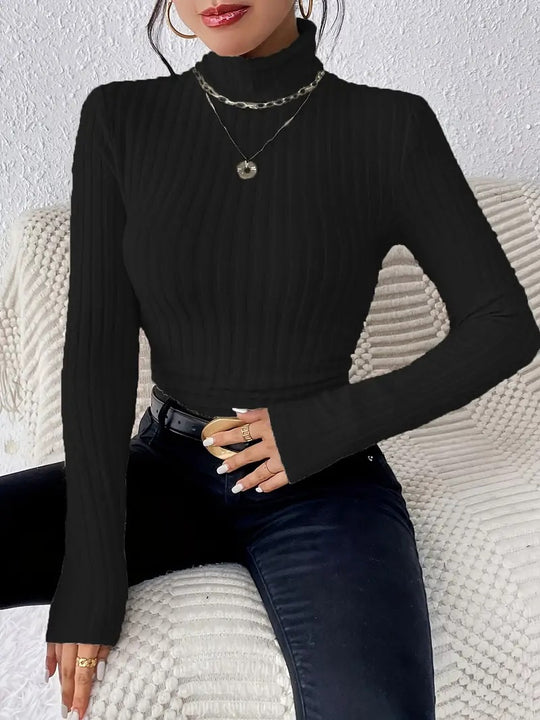 Damen Figurbetonter Rippstrick-Rollkragenpullover mit langen Ärmeln Shop Nory