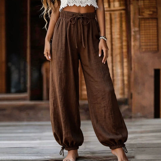 Damen Leichte Leinenhose mit weitem Bein und elastischem Bund Shop Nory