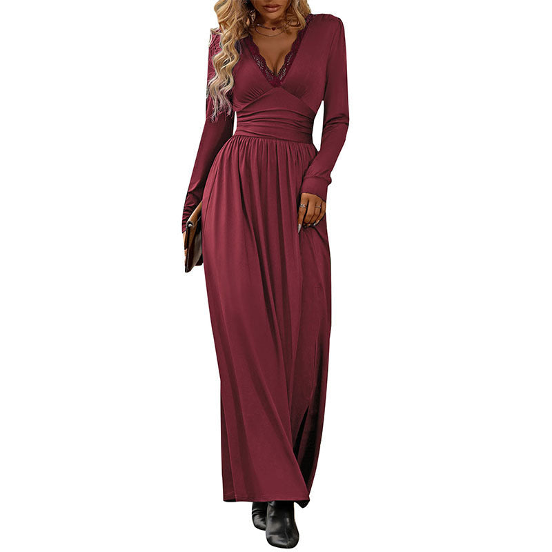Damen Fließendes Maxikleid mit Spitzen‑V‑Ausschnitt, Wickel‑Taille und Seitenschlitz Shop Nory