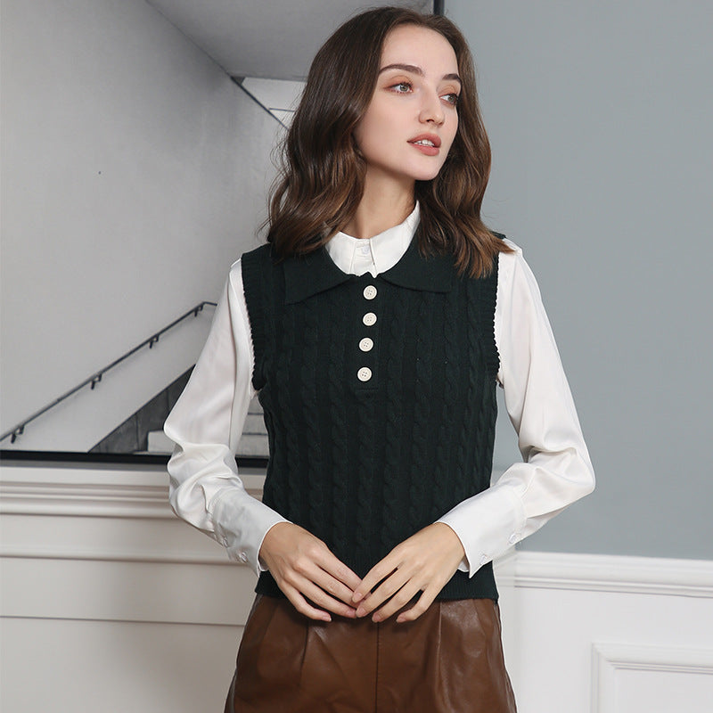 Damen Feinstrick-Ärmellose Polo-Weste mit Zopfmuster und tailliertem Schnitt Shop Nory