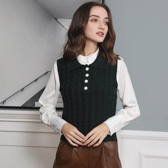 Damen Feinstrick-Ärmellose Polo-Weste mit Zopfmuster und tailliertem Schnitt Shop Nory
