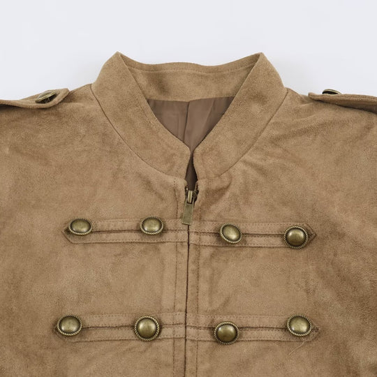 Damen kurz geschnittene Kavallerie-Jacke aus Wildlederoptik mit Zierknopfleiste und Schulterpatten Shop Nory