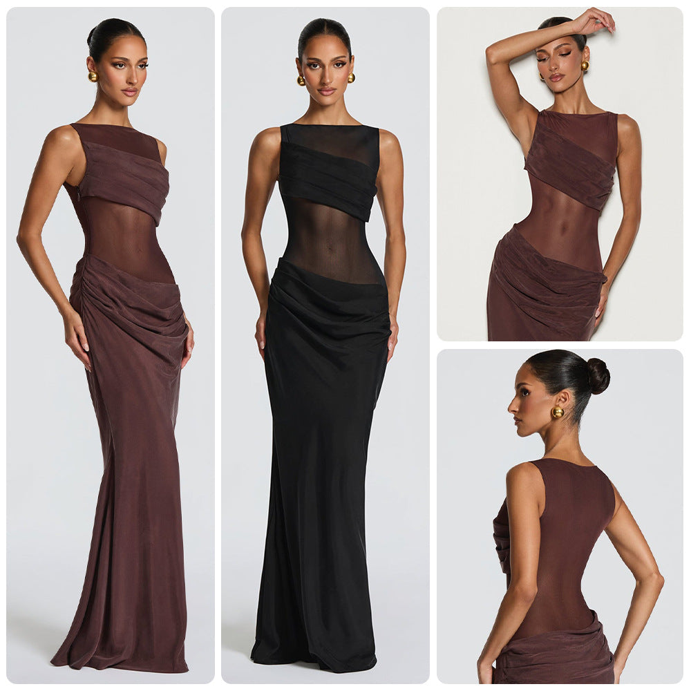 Damen Elegantes Abendkleid mit transparentem Oberteil und raffinierten Rüschen