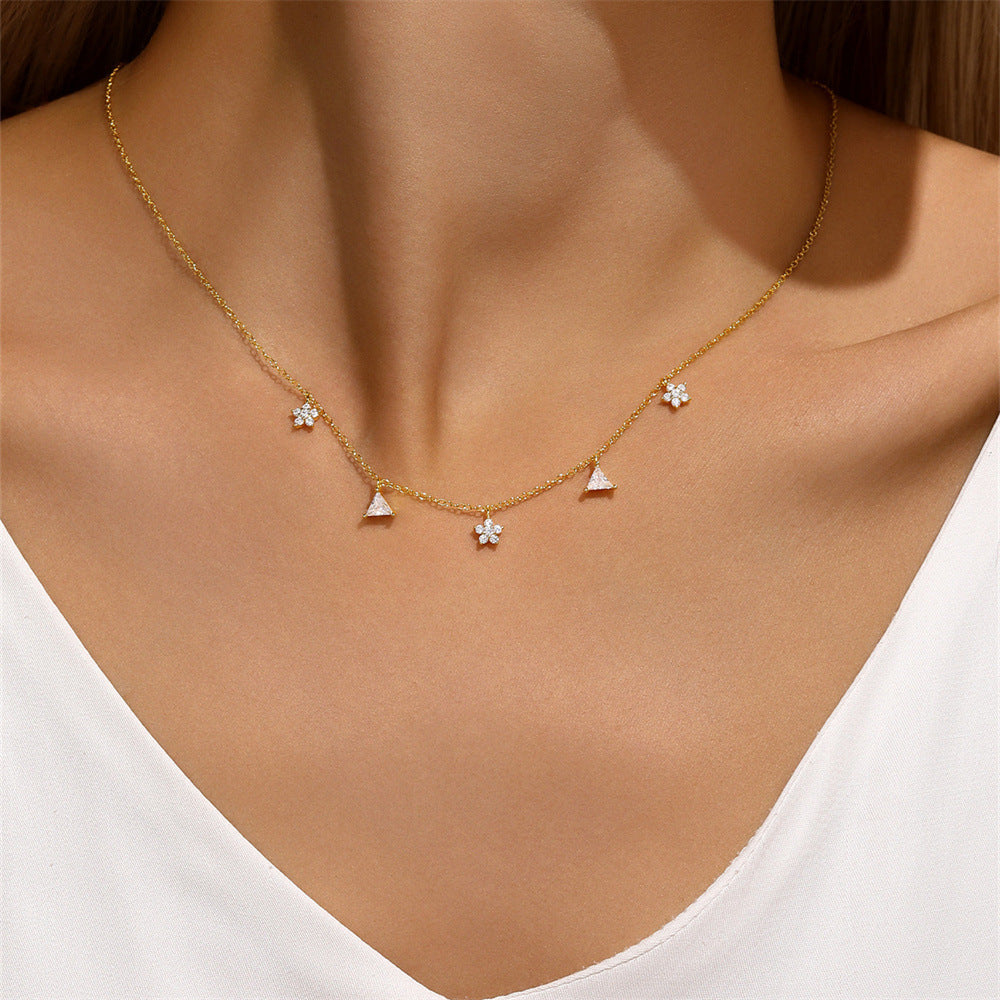 925 Sterling Silber Zirkon Kabelkette Plattierung Dreiecksblume Multi Charms Halskette | Shop Nory