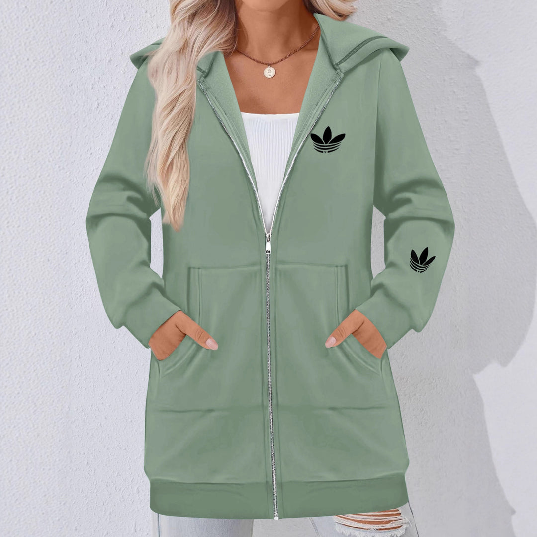 Damen Lange Kapuzen-Sweatjacke mit Metallreißverschluss, Kängurutaschen und figurumspielender Silhouette Shop Nory
