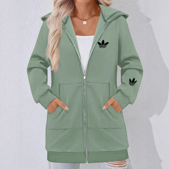 Damen Lange Kapuzen-Sweatjacke mit Metallreißverschluss, Kängurutaschen und figurumspielender Silhouette Shop Nory