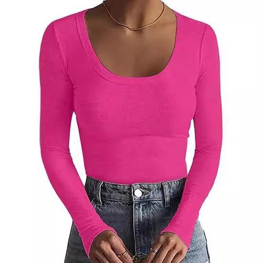 Damen Schmal geschnittenes Langarm-Feinstricktop mit weitem U-Ausschnitt Shop Nory