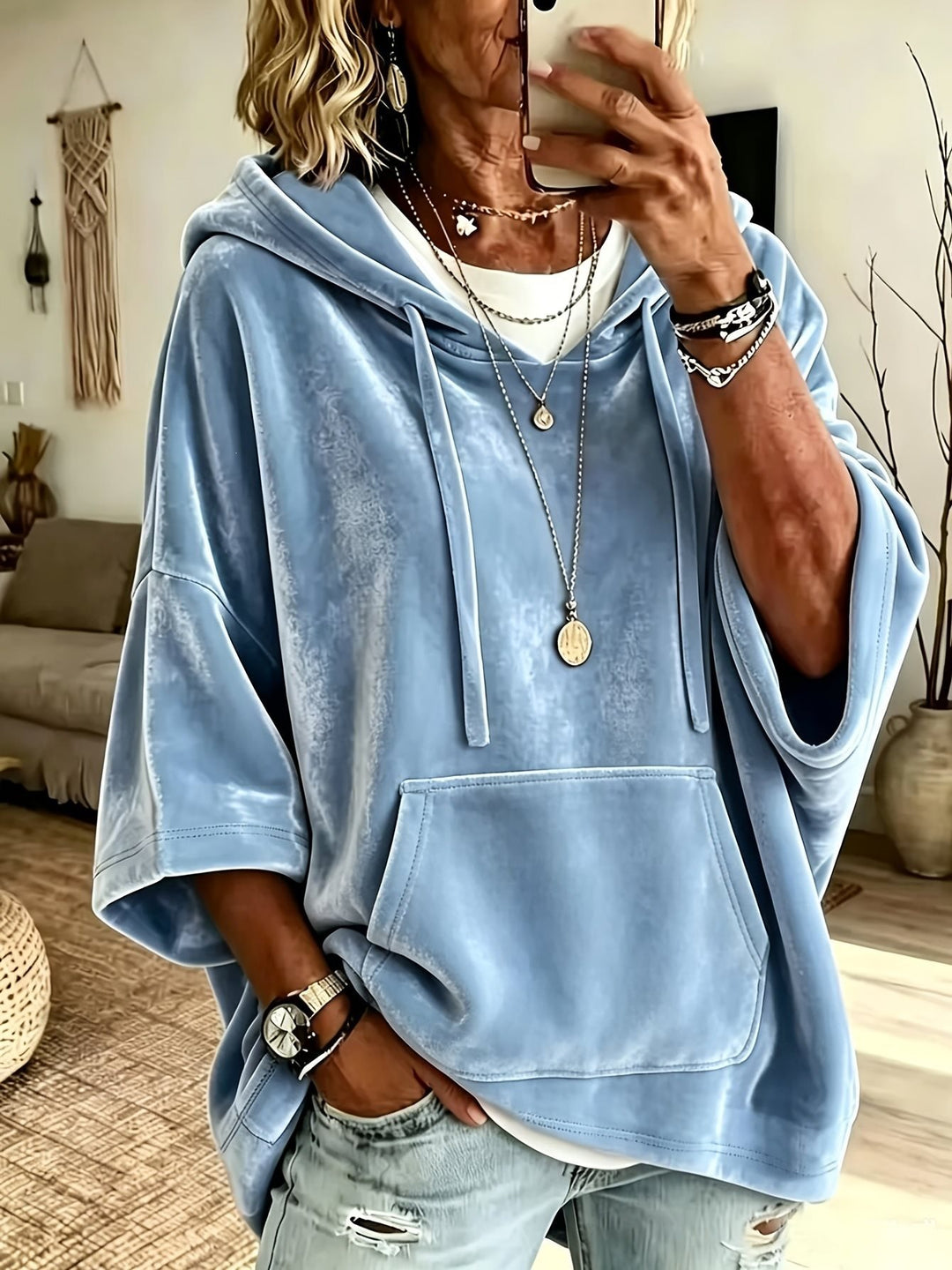 Damen Oversize Samt-Hoodie mit halbarm, Kapuze und Kängurutasche Shop Nory