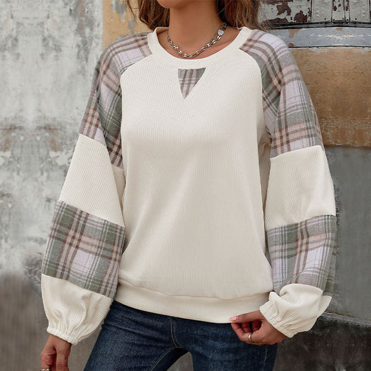 Damen Oversize-Longsleeve mit karierten Chiffon-Raglanärmeln und gerafften Manschetten Shop Nory