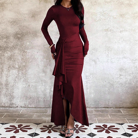 Damen nan eng anliegendes Abendkleid mit langen Ärmeln, geraffter Taille und asymmetrischem Volant Shop Nory