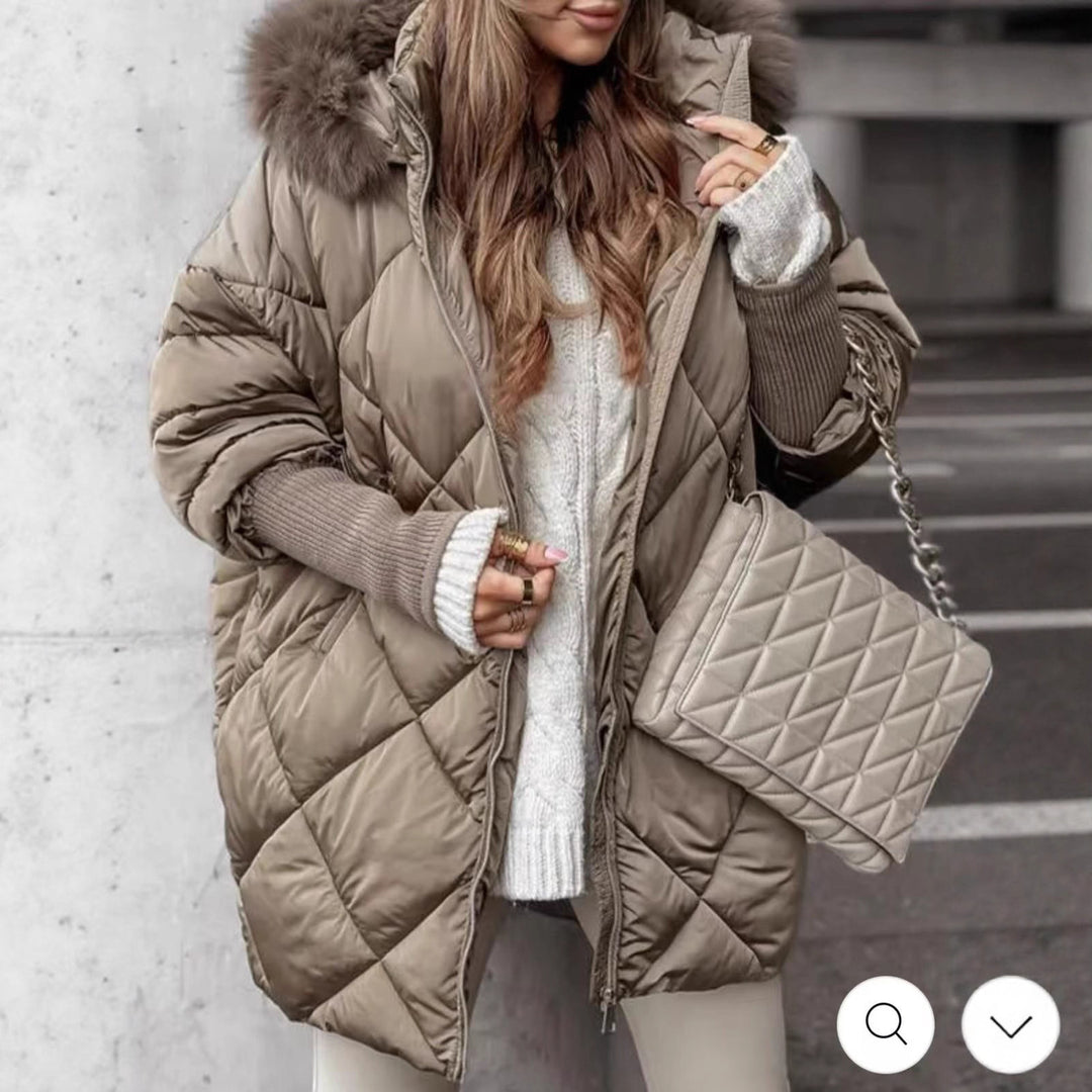 Damen langer gesteppter Winterparka mit großer Kapuze und Kunstfellbesatz Shop Nory