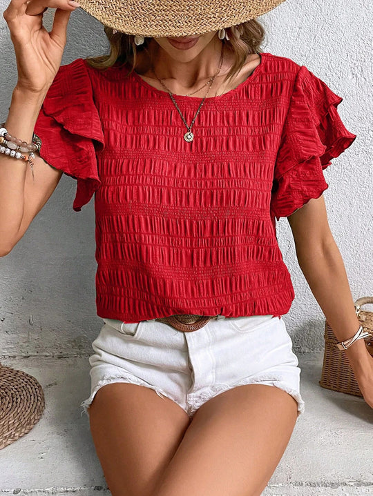 Damen Kurzarm-Bluse mit Smok-Effekt und Volantärmeln Shop Nory