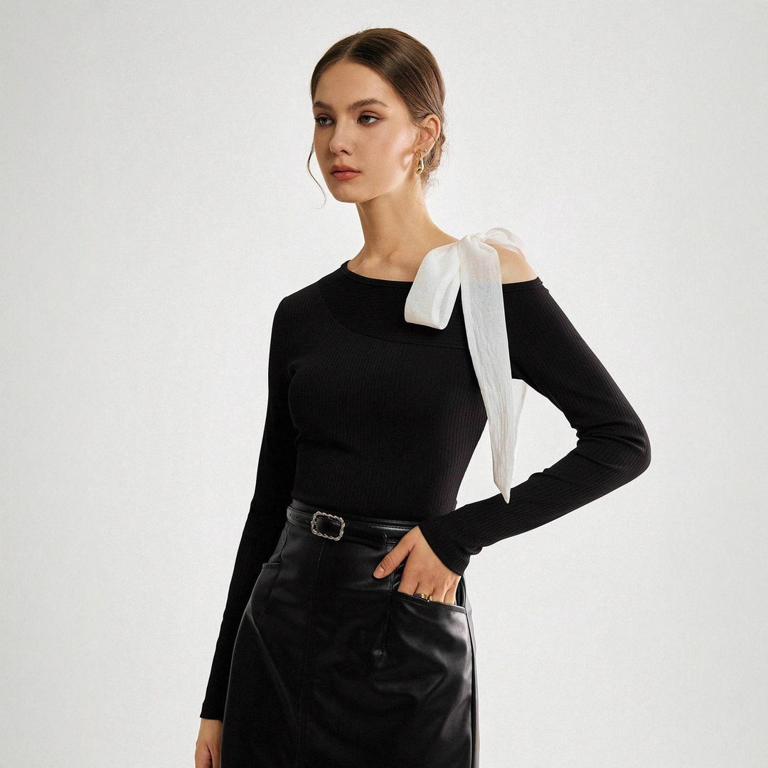 Damen Asymmetrisches One-Shoulder Rippstrick-Top mit Schleifenband Shop Nory
