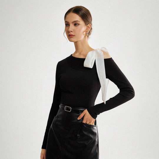 Damen Asymmetrisches One-Shoulder Rippstrick-Top mit Schleifenband Shop Nory